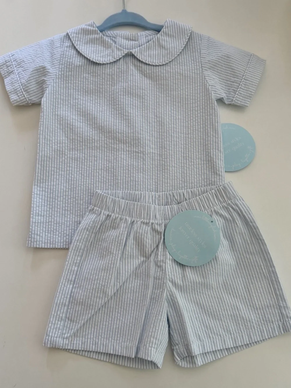 NWT Little English Boys Blue & White Seersucker Peter Pan Shirt & Short Set 18M